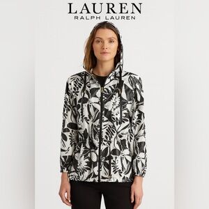 Lauren Ralph Lauren L Black White Floral Hooded Windbreaker Jacket